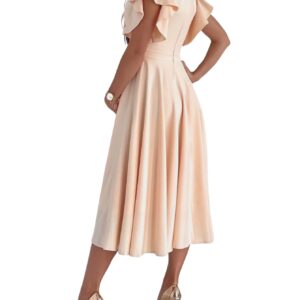 LYANER Women's Deep V Neck Ruffle Short Sleeve Wrap Swing A Line Flared Cocktail Party Midi Dress Beige Solid Small