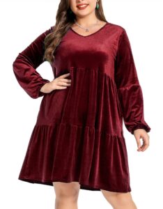 eoranf womens plus size velvet dress long sleeve christmas high waist dresses ruched v neck tea party dress wine red 3xl