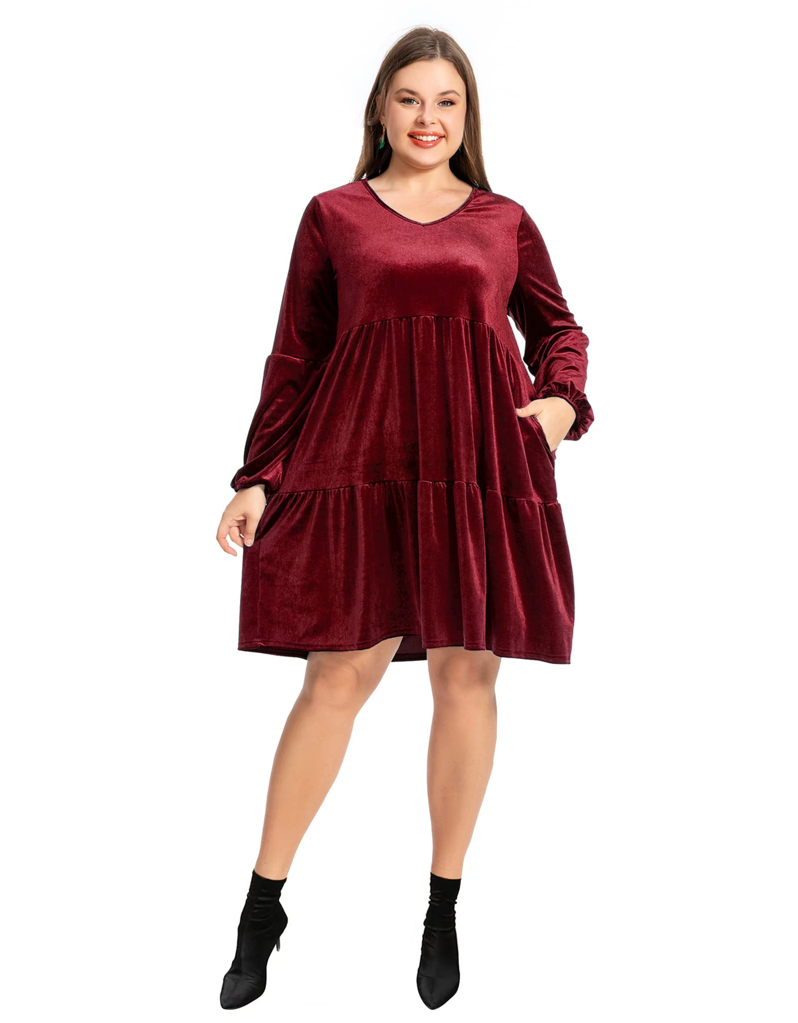 EORANF Womens Plus Size Velvet Dress Long Sleeve Christmas High Waist Dresses Ruched V Neck Tea Party Dress Wine Red 3XL