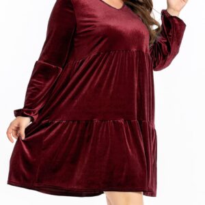 EORANF Womens Plus Size Velvet Dress Long Sleeve Christmas High Waist Dresses Ruched V Neck Tea Party Dress Wine Red 3XL