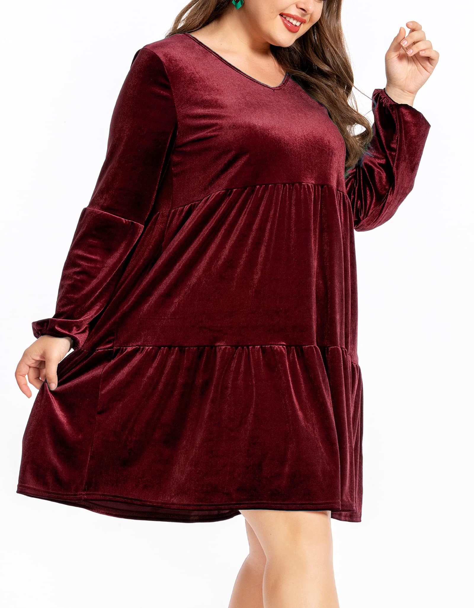 EORANF Womens Plus Size Velvet Dress Long Sleeve Christmas High Waist Dresses Ruched V Neck Tea Party Dress Wine Red 3XL