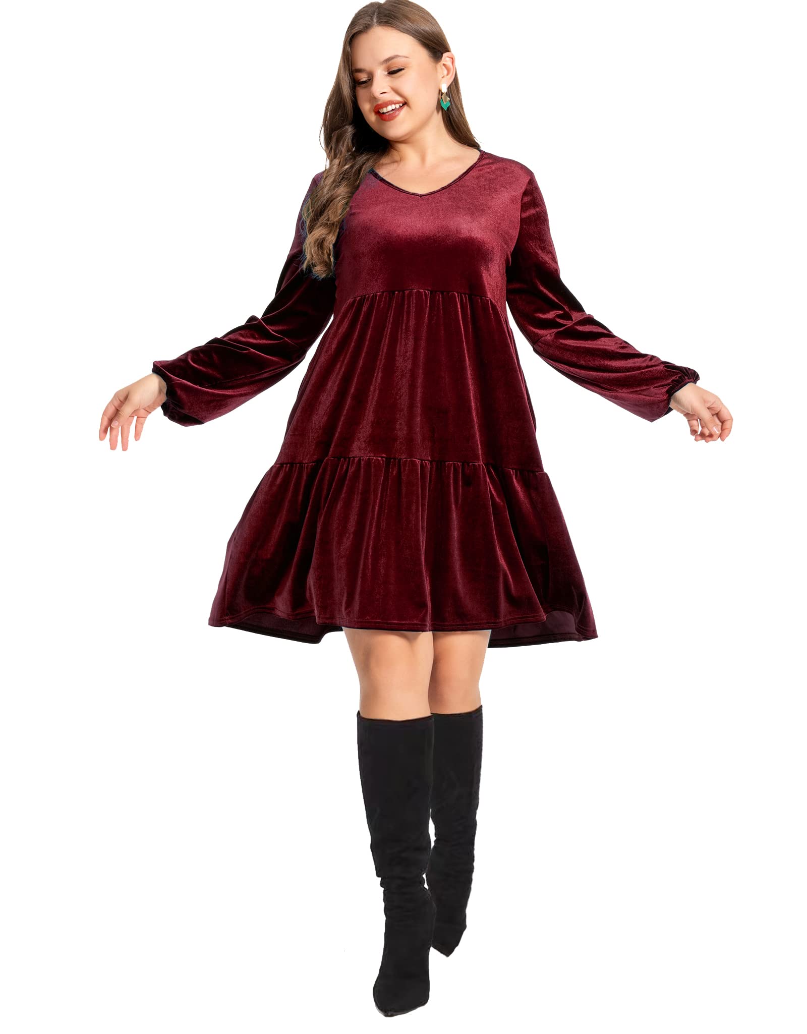 EORANF Womens Plus Size Velvet Dress Long Sleeve Christmas High Waist Dresses Ruched V Neck Tea Party Dress Wine Red 3XL