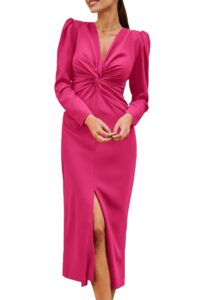 prettygarden women's spring fall fashion long puff sleeve maxi dresses v neck twist front formal dress with slit (rose red,large)