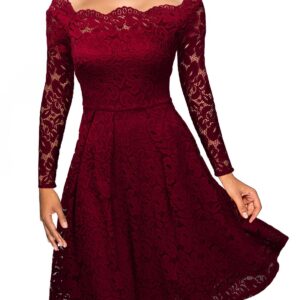 MISSMAY Women's Vintage Floral Lace Long Sleeve Boat Neck Cocktail Party Swing Dress (X-Large, A-red, x_l)