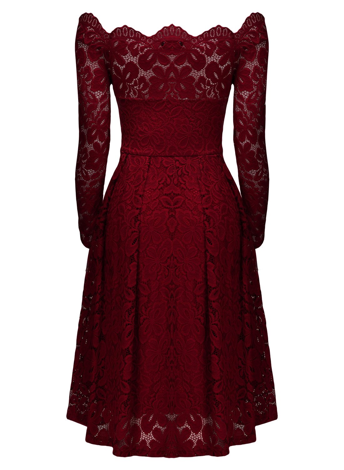 MISSMAY Women's Vintage Floral Lace Long Sleeve Boat Neck Cocktail Party Swing Dress (X-Large, A-red, x_l)