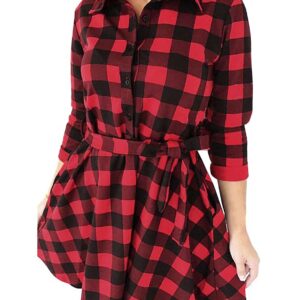 FANCYINN Womens Christmas Plaid Dresses Flannel Button Down Long Sleeve Shirt Dress Winter Casual Dresses Mini Dress with Belt Red M