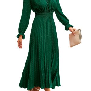 PRETTYGARDEN Women's 2024 Fall Midi Dress Casual Long Sleeve V Neck Swiss Dot Pleated A Line Flowy Dresses (Dark Green,Large)