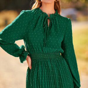 PRETTYGARDEN Women's 2024 Fall Midi Dress Casual Long Sleeve V Neck Swiss Dot Pleated A Line Flowy Dresses (Dark Green,Large)