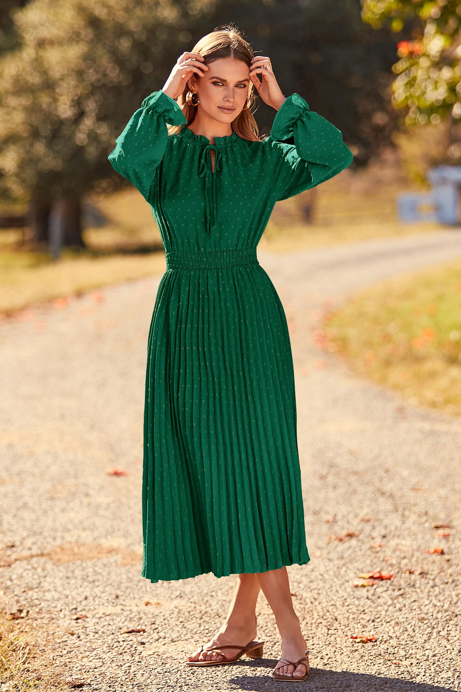 PRETTYGARDEN Women's 2024 Fall Midi Dress Casual Long Sleeve V Neck Swiss Dot Pleated A Line Flowy Dresses (Dark Green,Large)