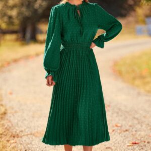 PRETTYGARDEN Women's 2024 Fall Midi Dress Casual Long Sleeve V Neck Swiss Dot Pleated A Line Flowy Dresses (Dark Green,Large)