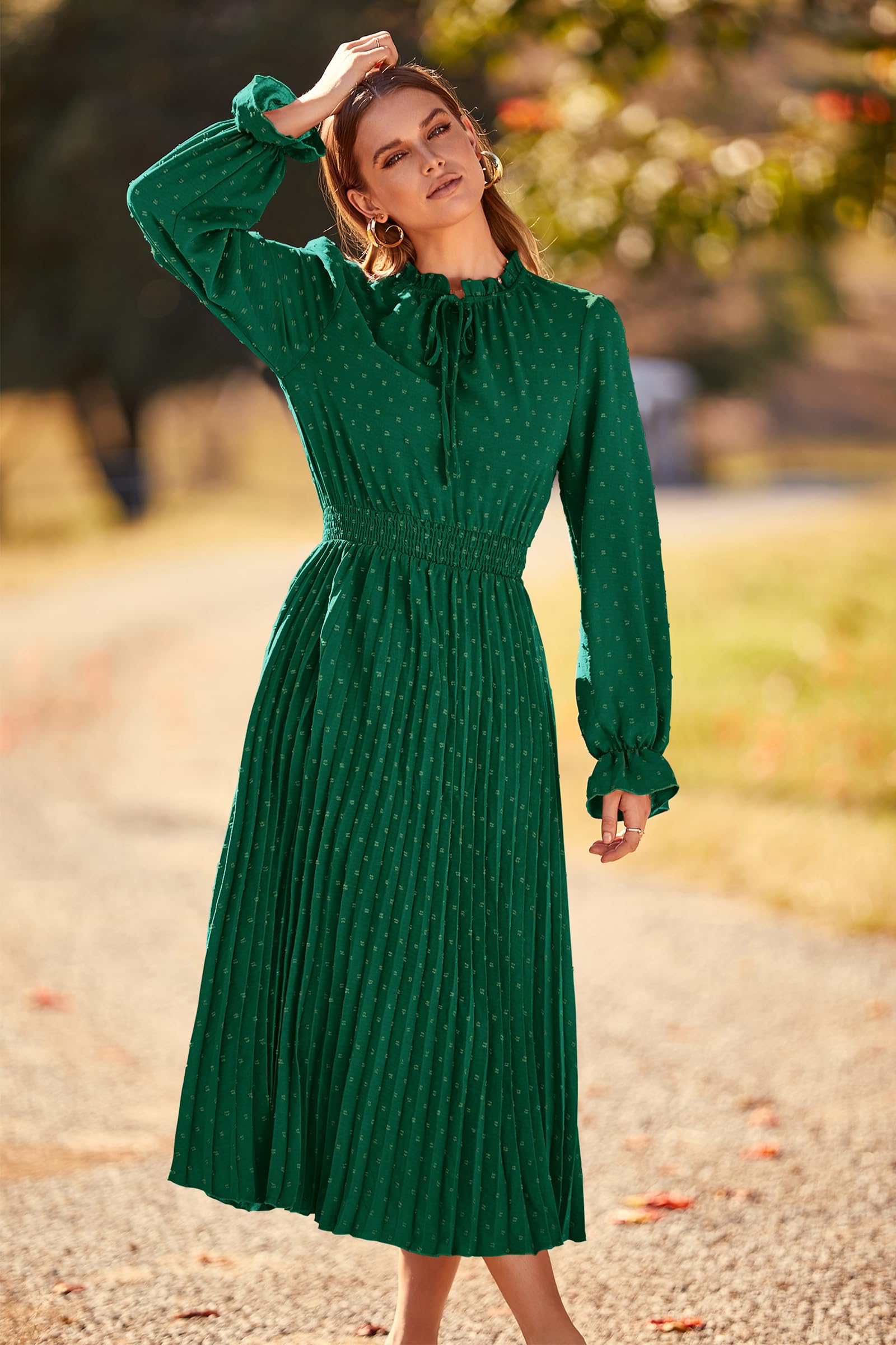 PRETTYGARDEN Women's 2024 Fall Midi Dress Casual Long Sleeve V Neck Swiss Dot Pleated A Line Flowy Dresses (Dark Green,Large)