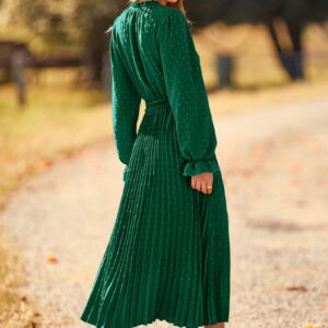 PRETTYGARDEN Women's 2024 Fall Midi Dress Casual Long Sleeve V Neck Swiss Dot Pleated A Line Flowy Dresses (Dark Green,Large)