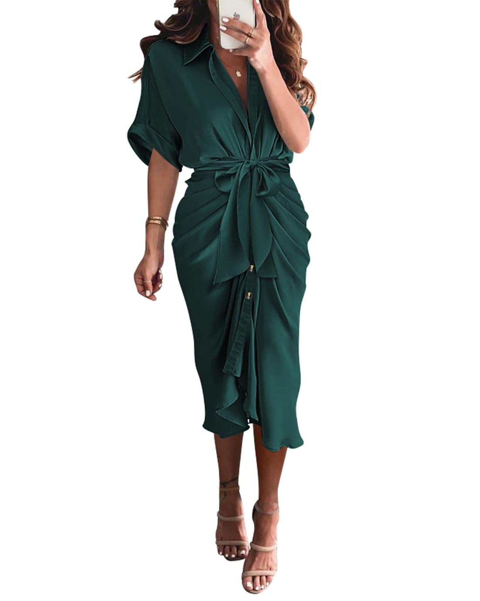 BTFBM Women 2024 Button Down Ruched Shirt Dresses Short Sleeve Lapel V Neck Elegant Party Spring Summer Maxi Satin Dress(Short Sleeve Dark Green, Large)