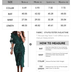 BTFBM Women 2024 Button Down Ruched Shirt Dresses Short Sleeve Lapel V Neck Elegant Party Spring Summer Maxi Satin Dress(Short Sleeve Dark Green, Large)