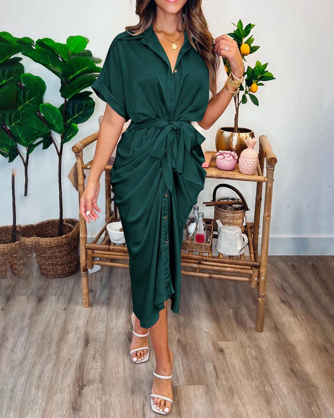 BTFBM Women 2024 Button Down Ruched Shirt Dresses Short Sleeve Lapel V Neck Elegant Party Spring Summer Maxi Satin Dress(Short Sleeve Dark Green, Large)