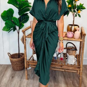 BTFBM Women 2024 Button Down Ruched Shirt Dresses Short Sleeve Lapel V Neck Elegant Party Spring Summer Maxi Satin Dress(Short Sleeve Dark Green, Large)