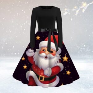 Christmas Dresses Women's Vintage Cocktail Dress Sleeveless Round Neck Dress Santa Print Flare Swing Dress Holiday Dress