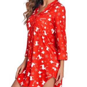 Ekouaer Women's Soft Nightgowns V Neck Button Down Warm Pajamas Dress Christmas Sleep Shirts