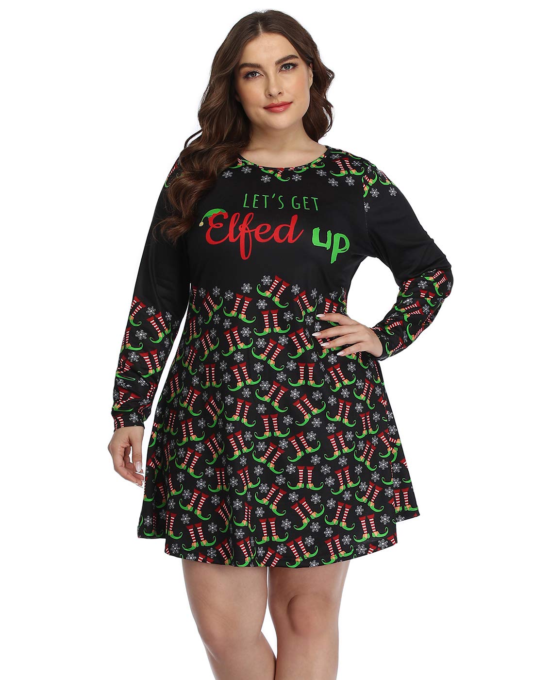 HDE Womens Plus Size Party Dress Ugly Christmas Long Sleeve Skater Dress Elfed Up - 2X