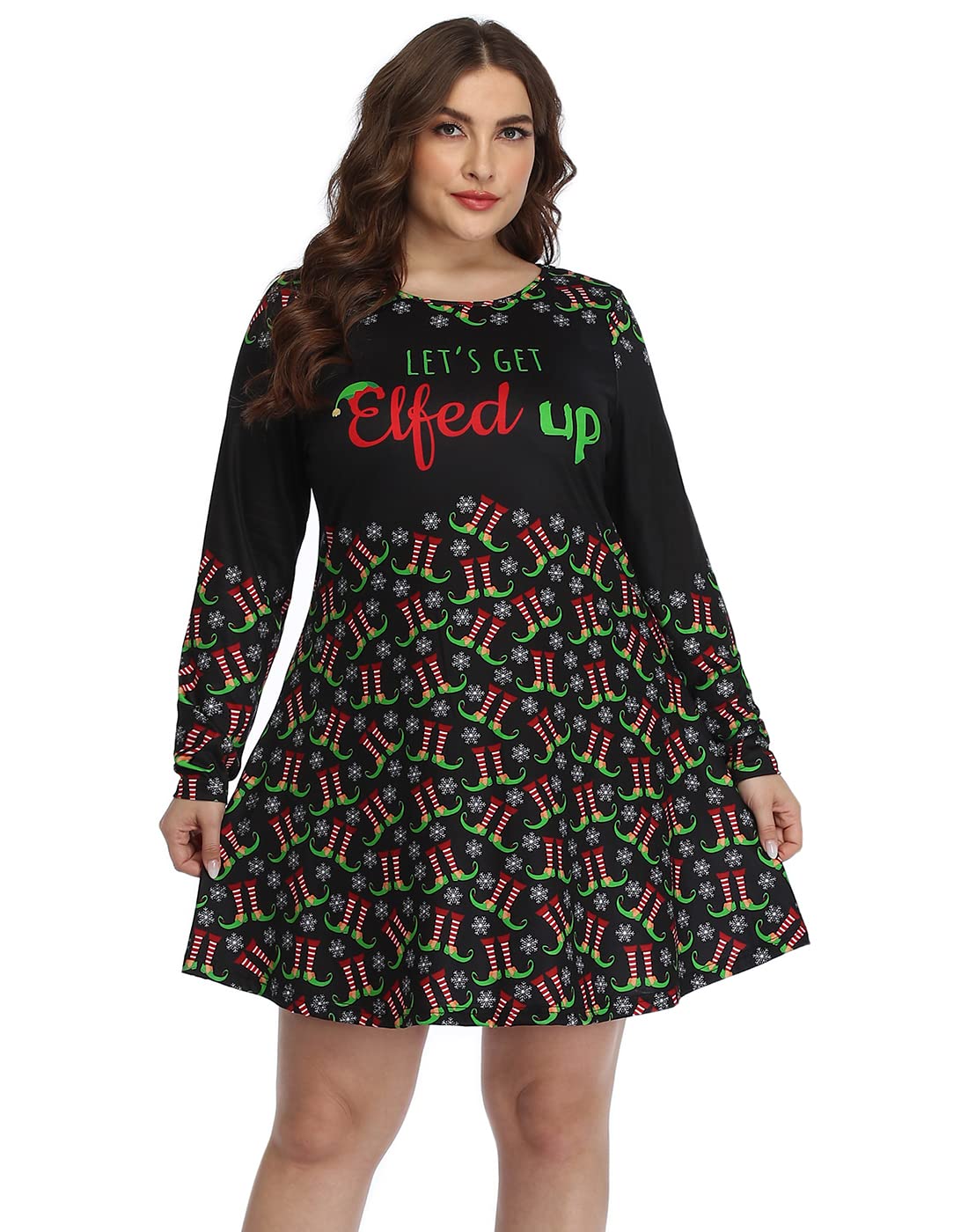 HDE Womens Plus Size Party Dress Ugly Christmas Long Sleeve Skater Dress Elfed Up - 2X