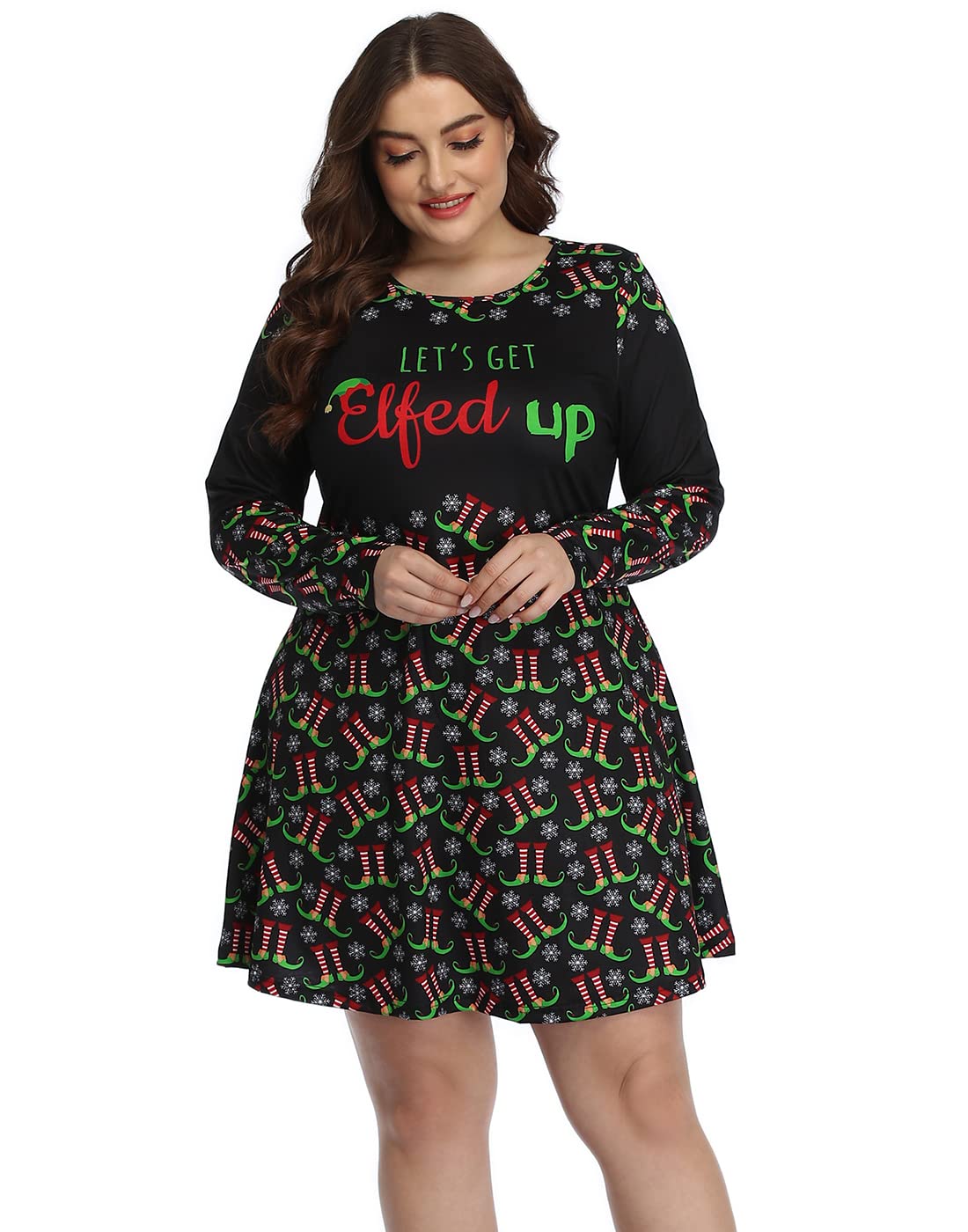 HDE Womens Plus Size Party Dress Ugly Christmas Long Sleeve Skater Dress Elfed Up - 2X