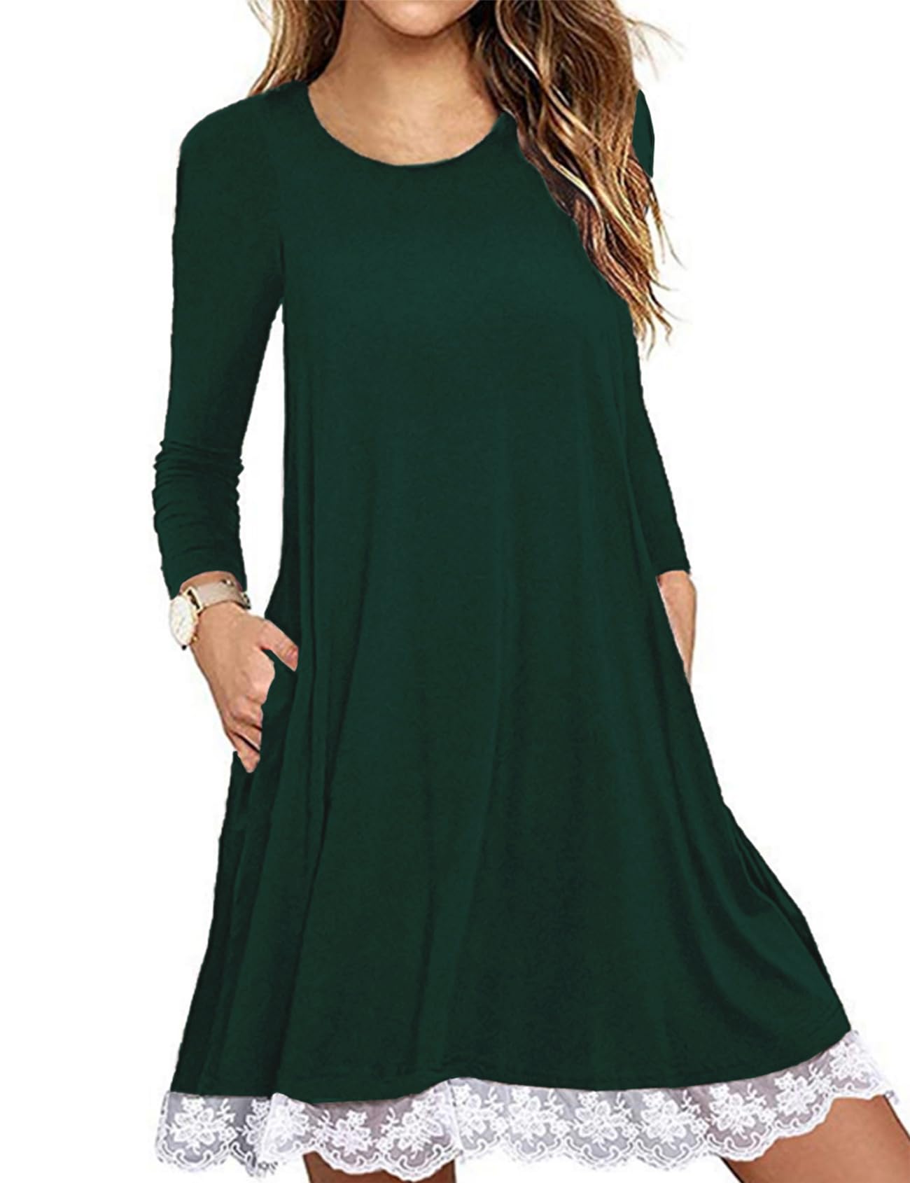 Halife Cute Christmas Dresses for Women Long Sleeve Casual Swing Tunic Dress with Pockets Dark Green L