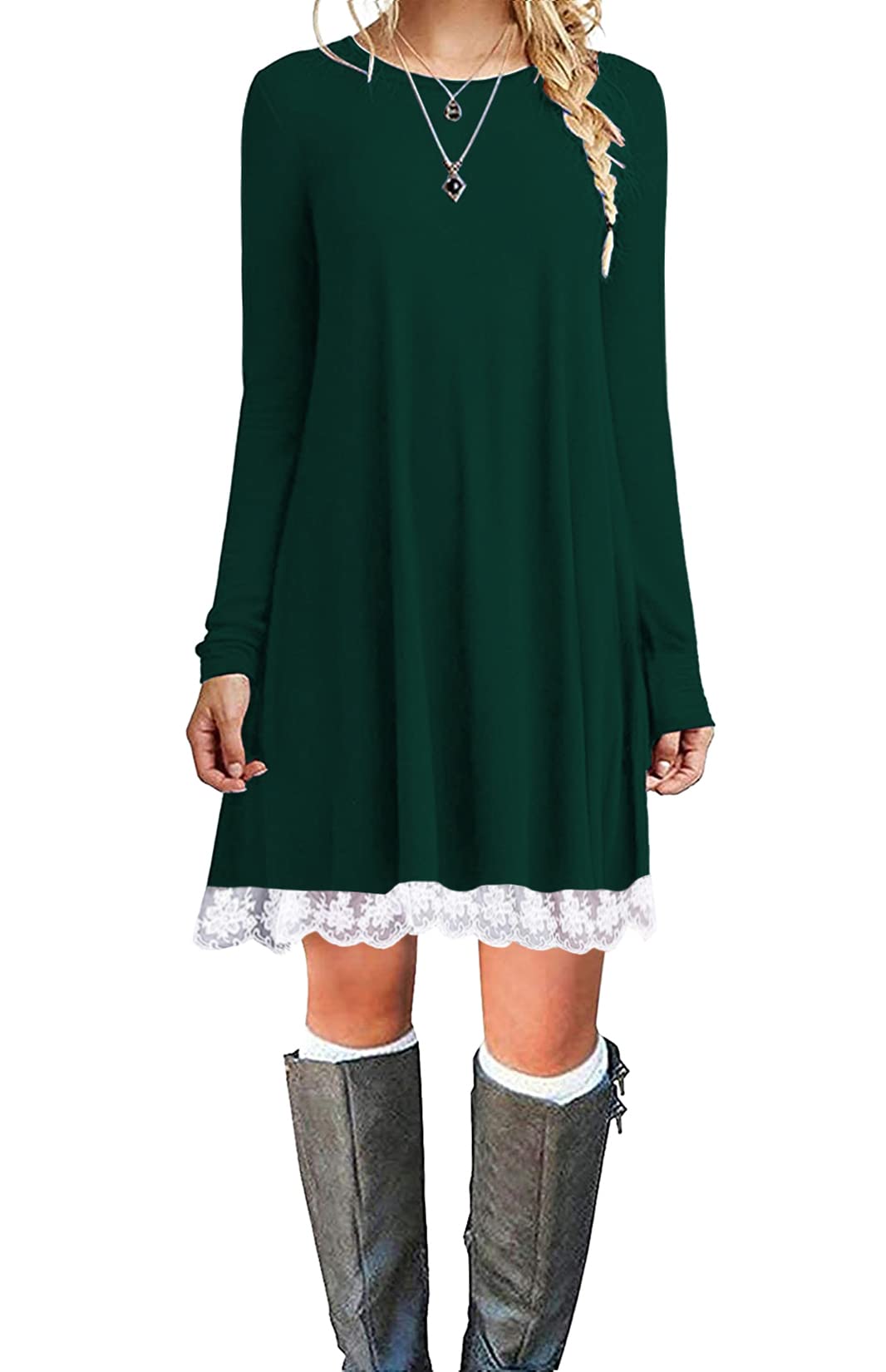 Halife Cute Christmas Dresses for Women Long Sleeve Casual Swing Tunic Dress with Pockets Dark Green L