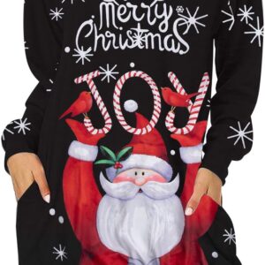 MNLYBABY Women's Christmas Hooded Sweatshirt Funny Santa Graphic Shirt Long Sleeve Pullover Tunic Hoodie Dress with Pockets Black