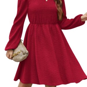 SAMPEEL Winter Womens Burgundy Dress Elegant Puff Sleeve Casual Christmas Dresses Knee Length M