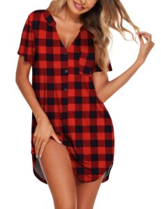 ekouaer womens night gowns button up sleep dress comfortable night shirt classic red black plaid nightgown