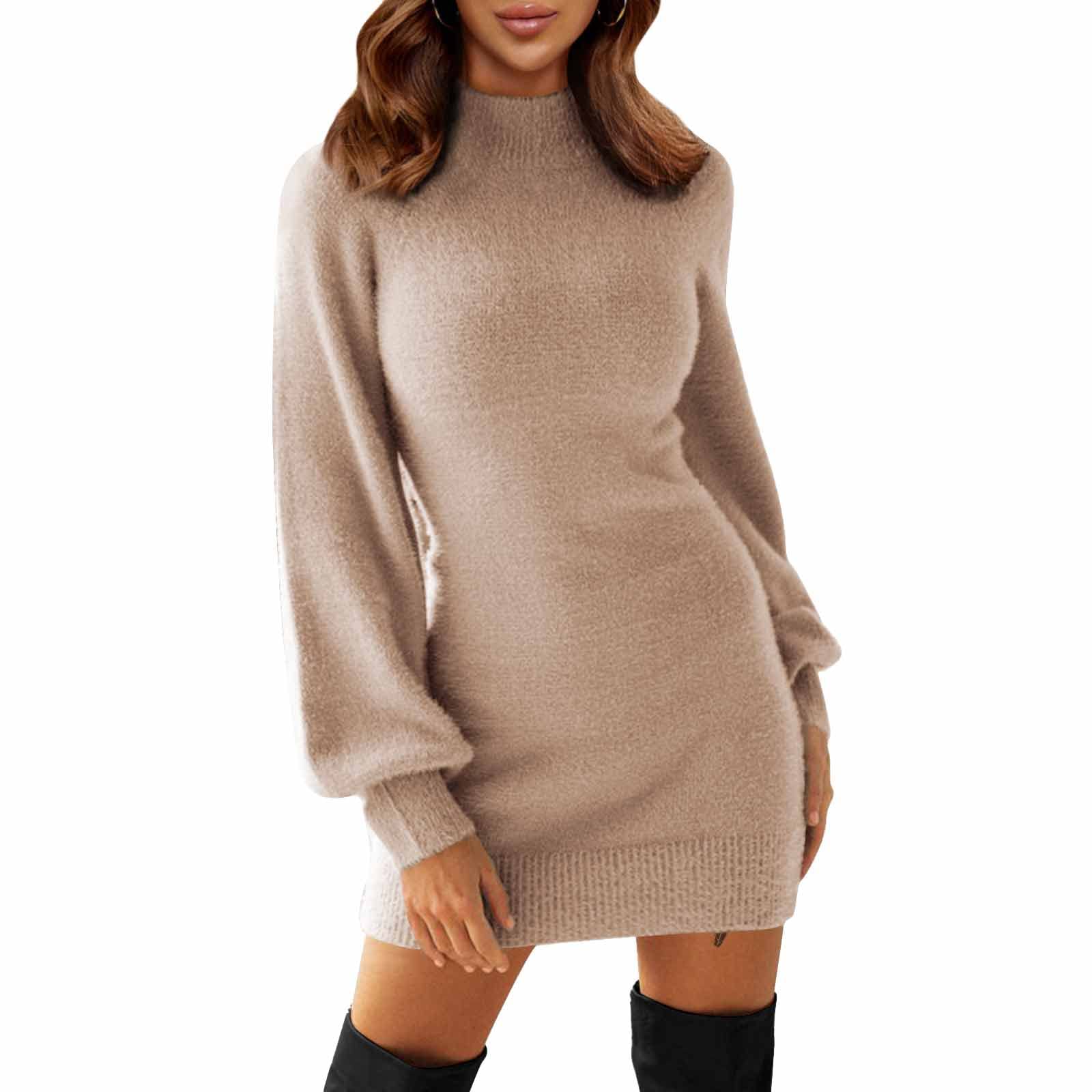 EXLURA Women's Mock Neck Ribbed Long Sleeve Bodycon Pullover Cute Mini Sweater Dress Apricot