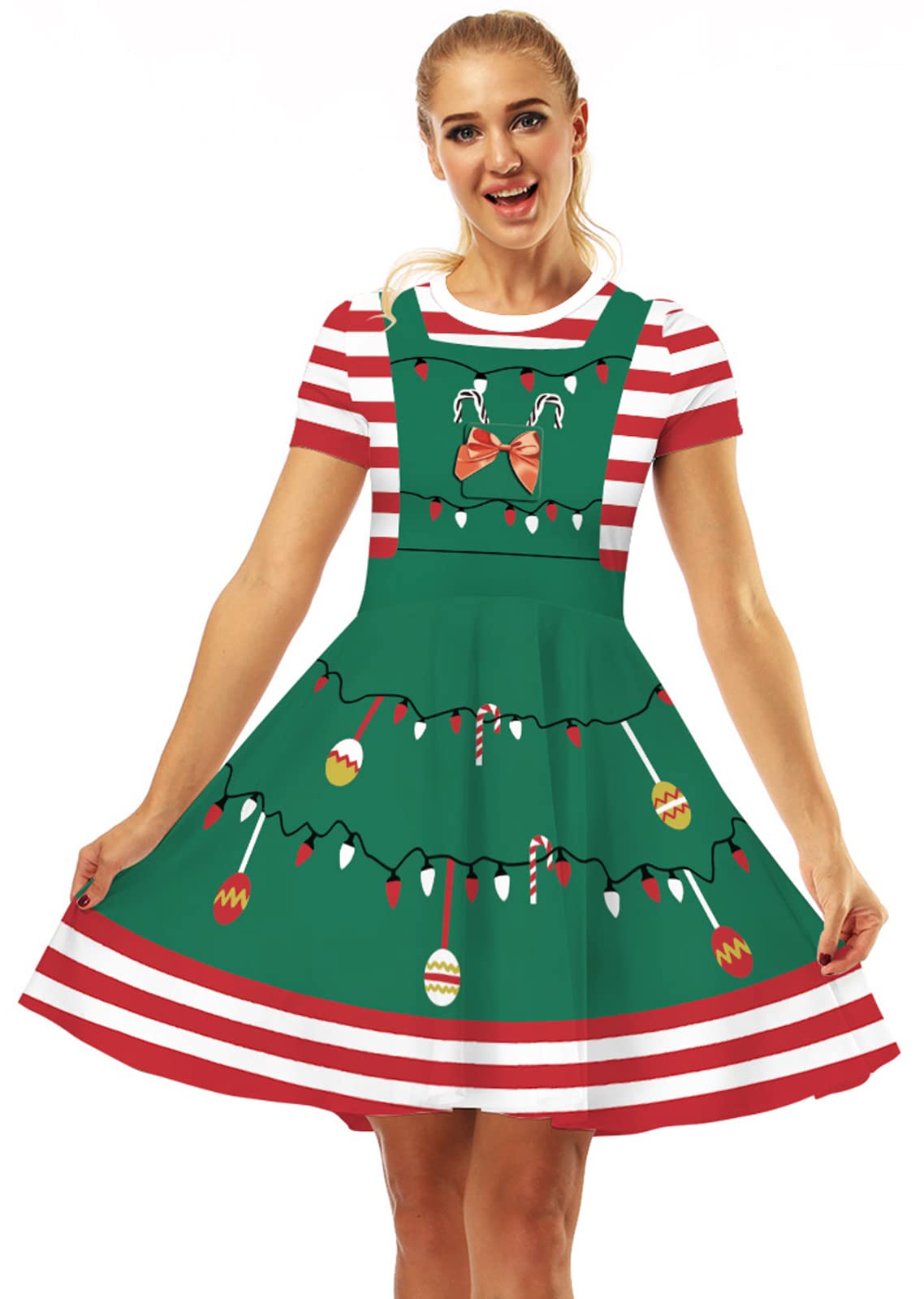 PNKJ Womens Christmas Dresses Short Sleeve Casual A-Line Flared Xmas Party Mini Dress,L/XL,Christmas Lights