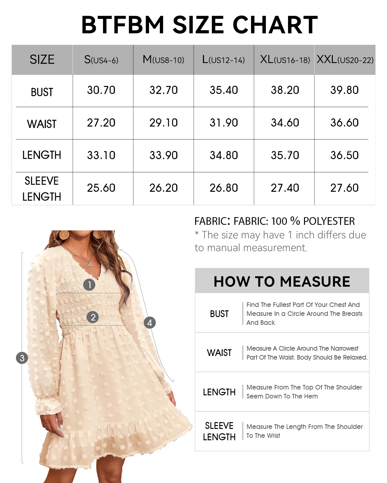 BTFBM Women V Neck Smocked Short Dress Long Sleeve Flowy Casual SwissDot Ruffle Mini Babydoll Spring Summer Dresses 2024(Solid Apricot, XX-Large)