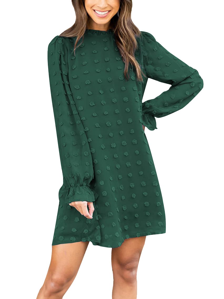 FAMITION Womens Dresses Long Sleeve: Casual Comfortable Green Dress Swiss Dot Wedding Gust Fall Flowy Chiffon Mini Dress for Women XL