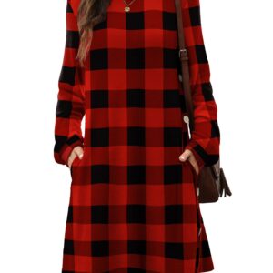 Glanzition Plaid Dress for Women Christmas Knee Length Tunic Dresses Red L