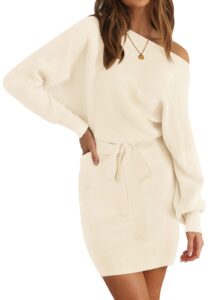 merokeety women's off shoulder batwing sleeve sweater dress ribbed knit bodycon mini dresses with belt,beige,m