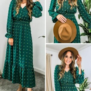 MASCOMODA Women Boho Maxi Dress 2024 Long Sleeve V Neck Swiss Dot Smocked High Waisted A-Line Ruffle Tiered Long Dress(X-Large, Dark Green)