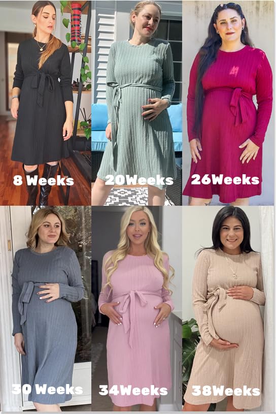 Ekouaer Womens Maternity Dress Rib Knit Long Sleeve Pregnancy Dresses Crewneck Pregnant Clothes with Belt Wine Red XL