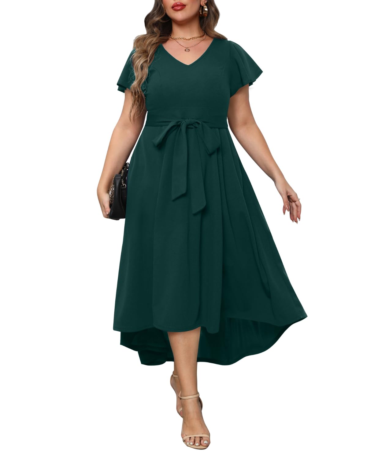 Plus Size Holiday Dress Women Emerald Dark Green High Low V Neck Long Flowy Elegant Dresses with Pockets