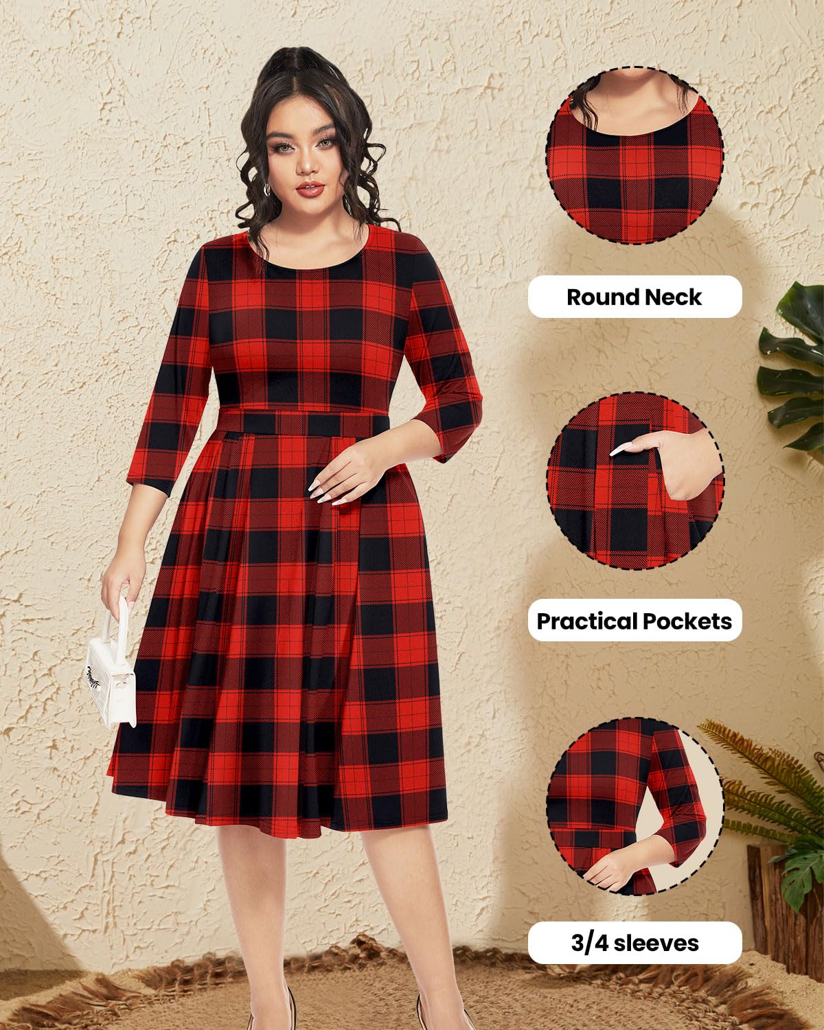 Plaid Dresses Women Plus Size Christmas Buffalo Black Red Holiday Xmas Party Fit Flare Pockets Long Sleeve Midi Dress