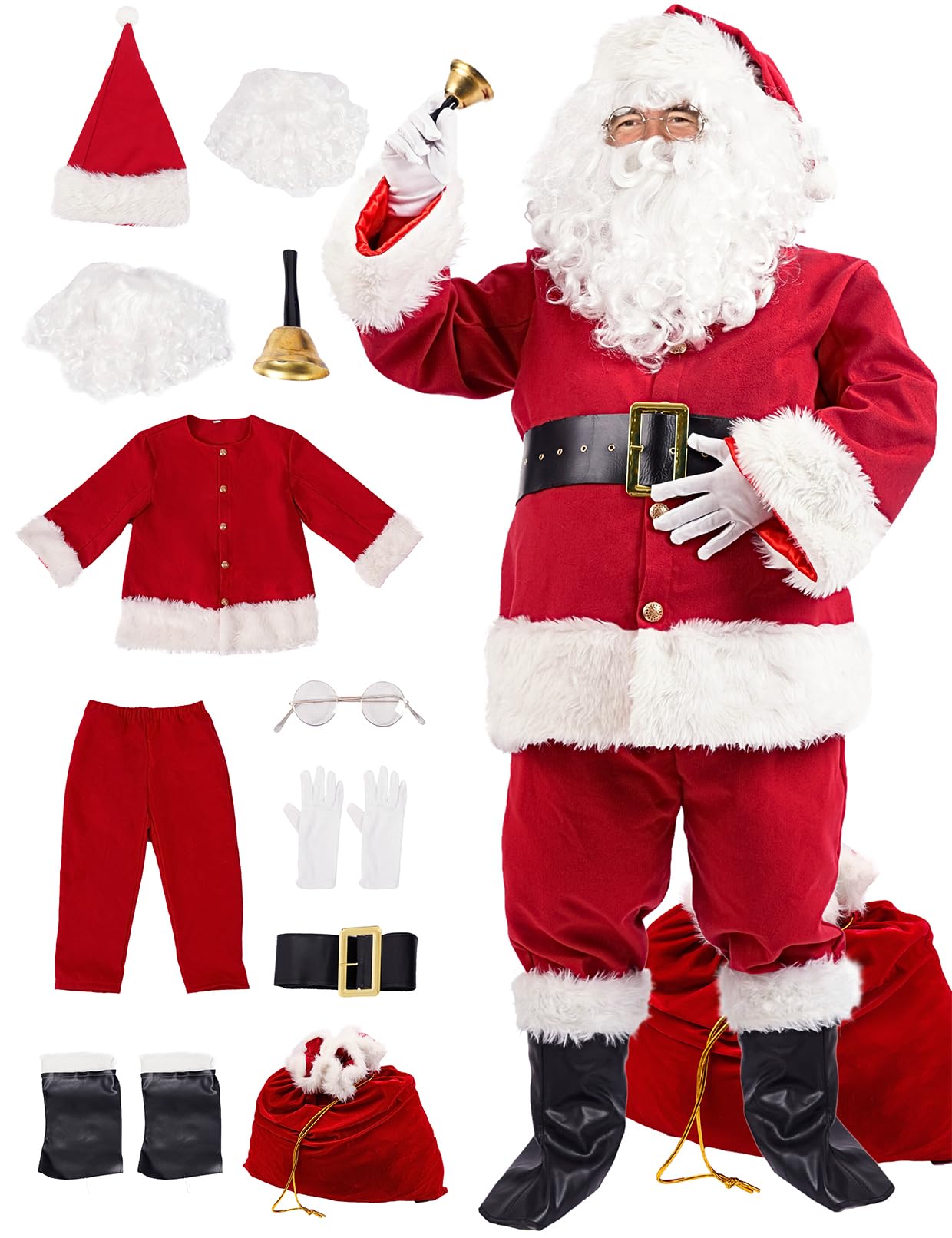 Soulty Men's Santa Claus Costume 11pcs Deluxe Red Velvet Christmas Santa Suit for Men Adult Xmas Clause Outfit for Party XXXL