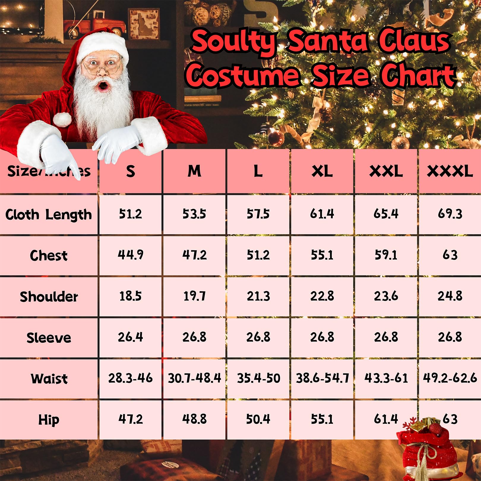 Soulty Men's Santa Claus Costume 11pcs Deluxe Red Velvet Christmas Santa Suit for Men Adult Xmas Clause Outfit for Party XXXL