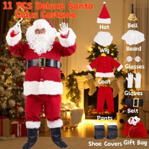 Soulty Men's Santa Claus Costume 11pcs Deluxe Red Velvet Christmas Santa Suit for Men Adult Xmas Clause Outfit for Party XXXL