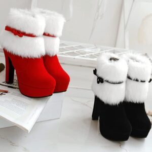 PURCHAWEE Women's Winter Fur Ankle Boots Christmas Boots,Bow Decor Side Zipper Fur Closure Chunky High Heel Santa Boots Snow Boots (6.5,Red,6.5)