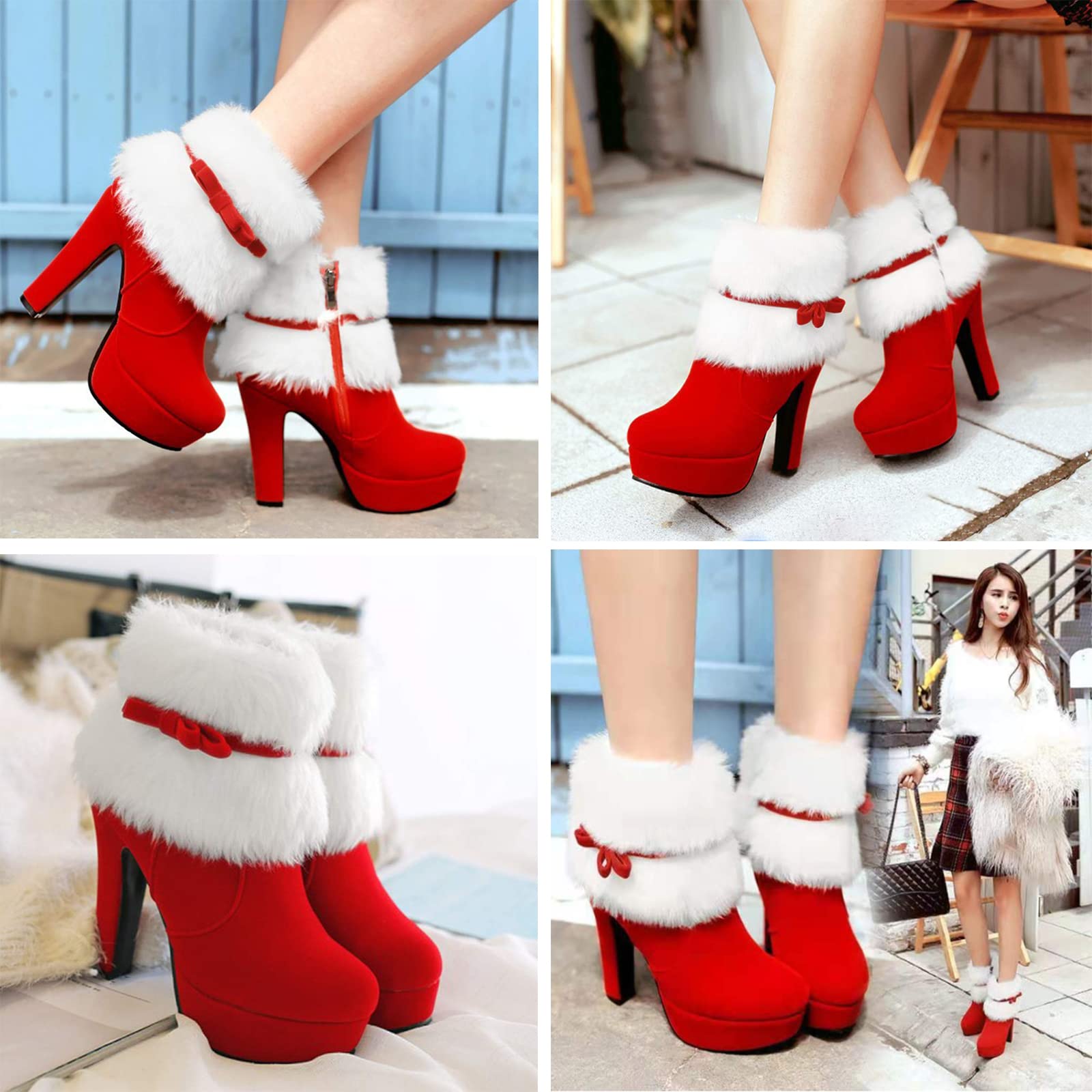 PURCHAWEE Women's Winter Fur Ankle Boots Christmas Boots,Bow Decor Side Zipper Fur Closure Chunky High Heel Santa Boots Snow Boots (6.5,Red,6.5)