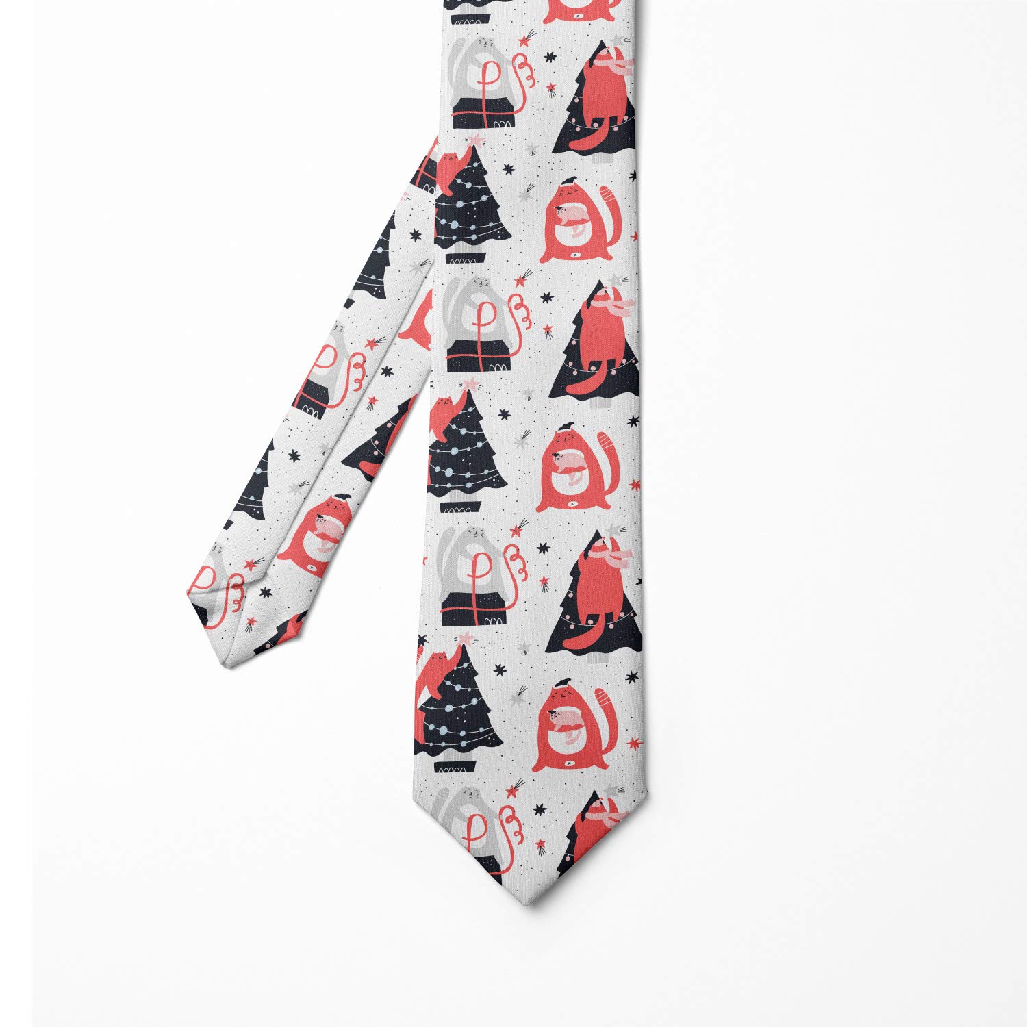 Ambesonne Necktie, Cats Preparing at Christmas, Dress Tie, 3.7", White and Coral