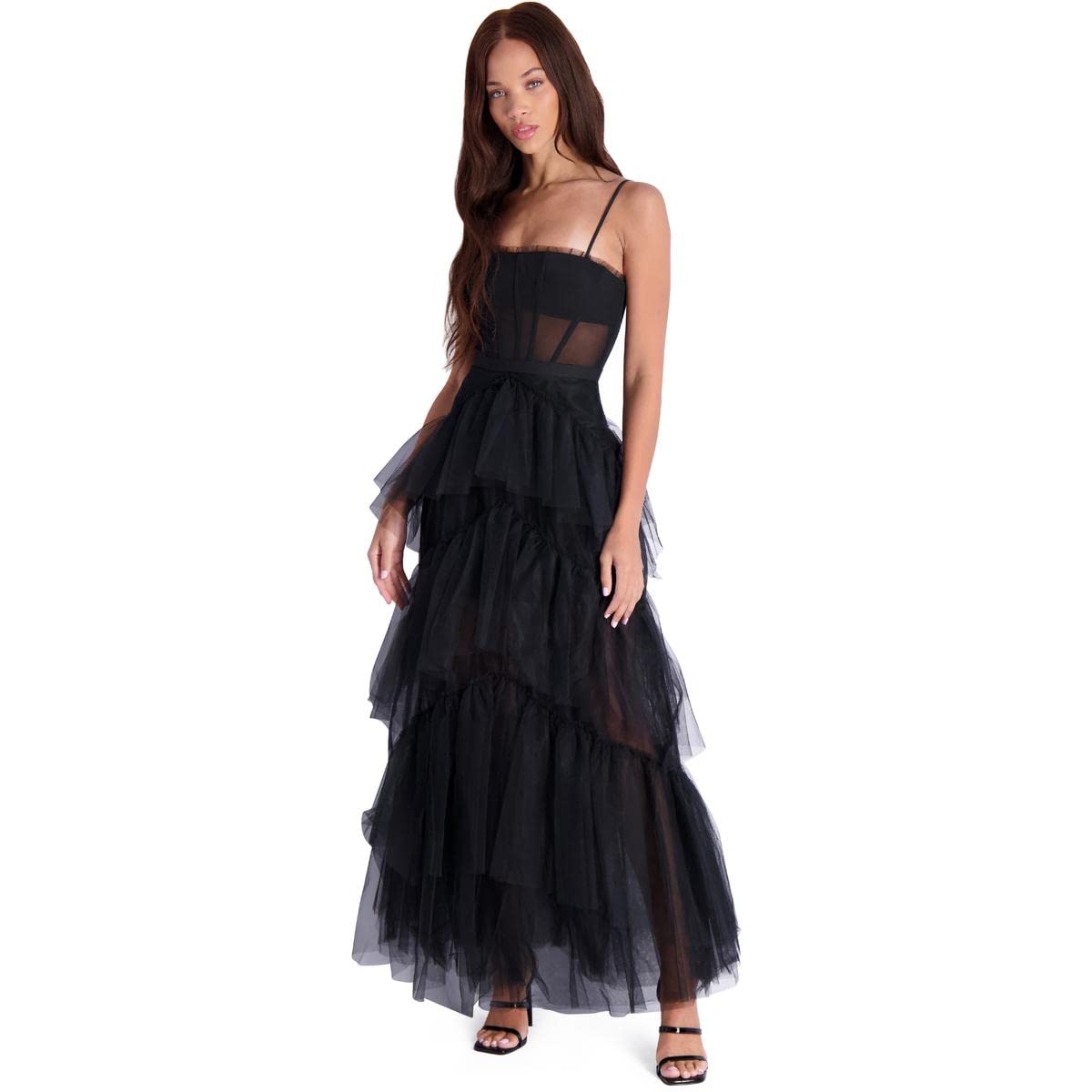 BCBG Max Azria Oly Women’s Tiered Ruffle Tulle Sleeveless Gown Black Size 4