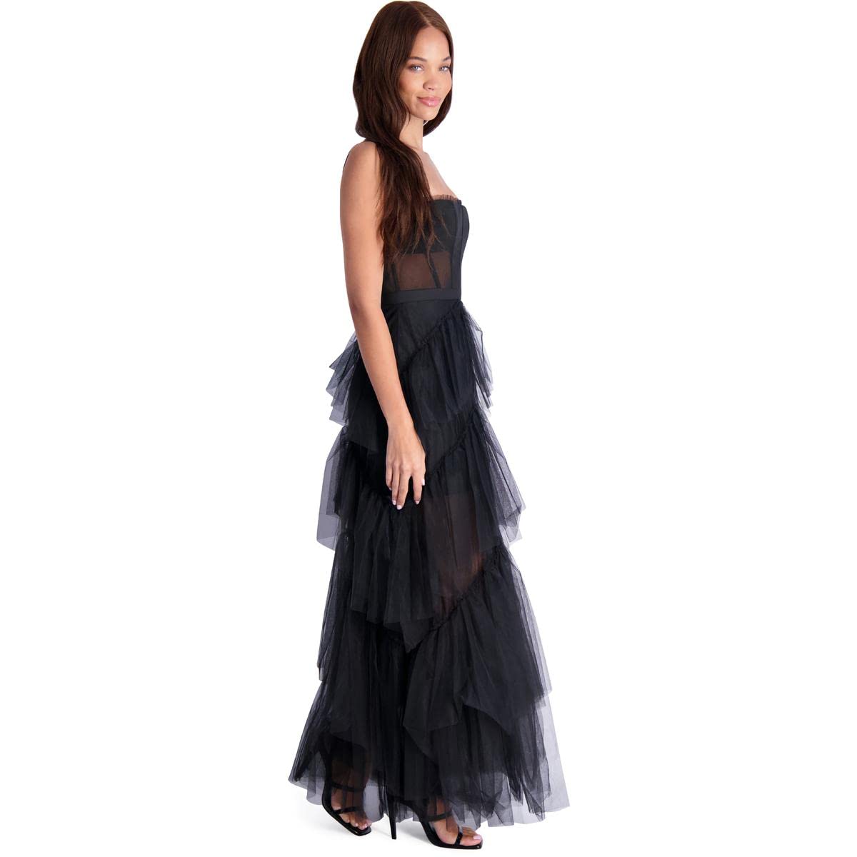 BCBG Max Azria Oly Women’s Tiered Ruffle Tulle Sleeveless Gown Black Size 4