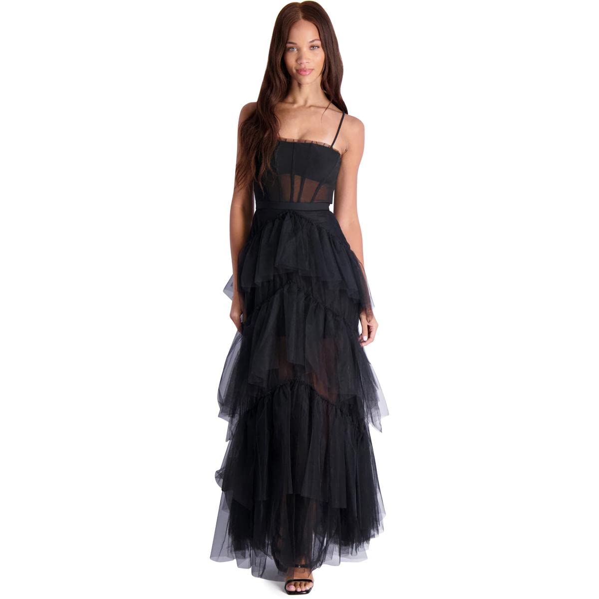 BCBG Max Azria Oly Women’s Tiered Ruffle Tulle Sleeveless Gown Black Size 4