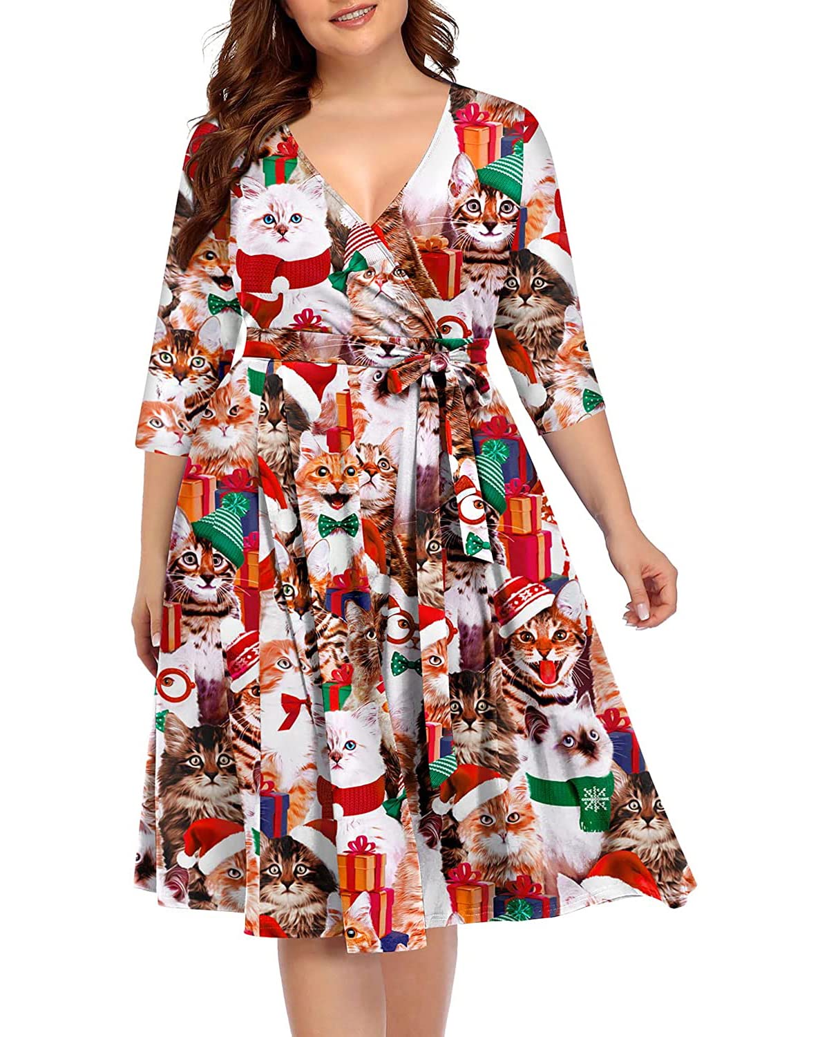 Christmas Dresses Women Plus Size Cat Print Meowy Cute Holiday Casual Long Sleeve Xmas Ugly Wrap Fall 2022 Midi Dress